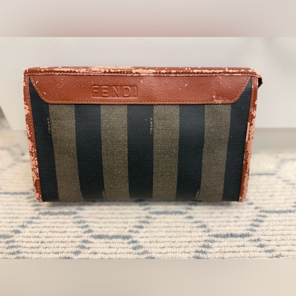 FENDI Vintage Classic Brown Canvas Leather Pequin Striped Logo Clutch Pouch - Picture 2 of 16
